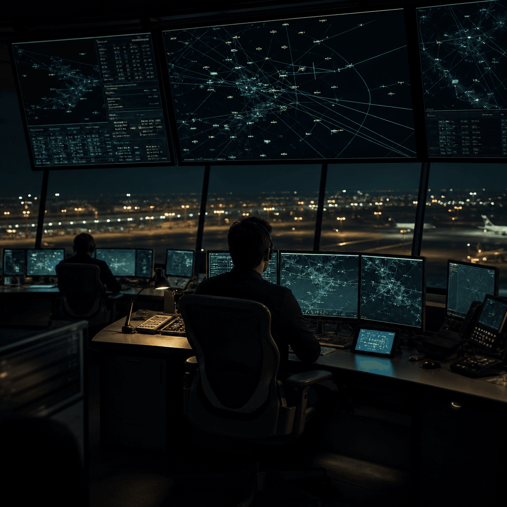Airport operations screens glowing in the dark