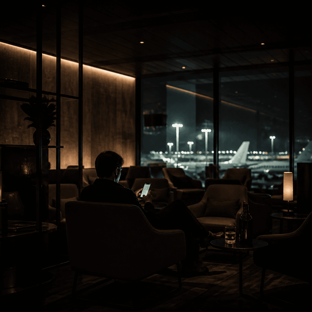 A traveler in a dim airport lounge