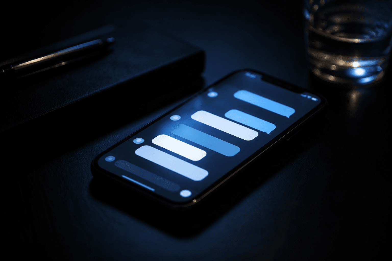 A glowing chat conversation in a dim room
