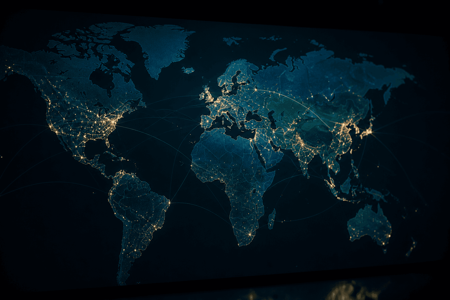A dark world map with glowing data points