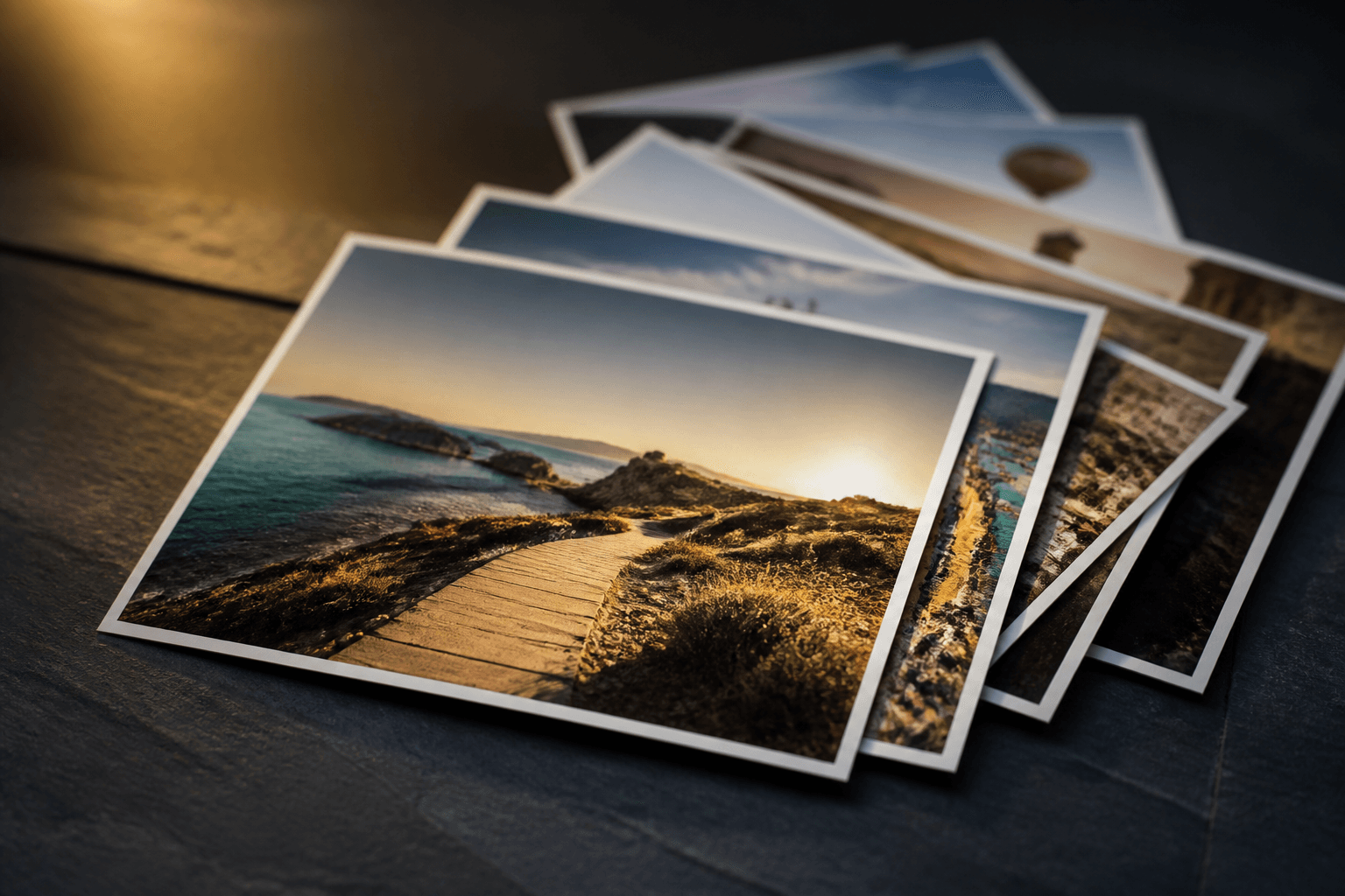 Stacked photographs fanned on a dark table
