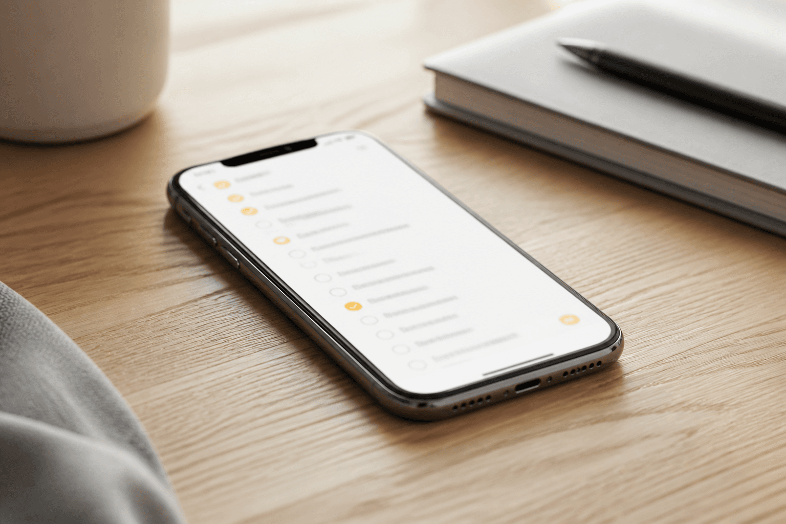 An iPhone on a desk showing a task list