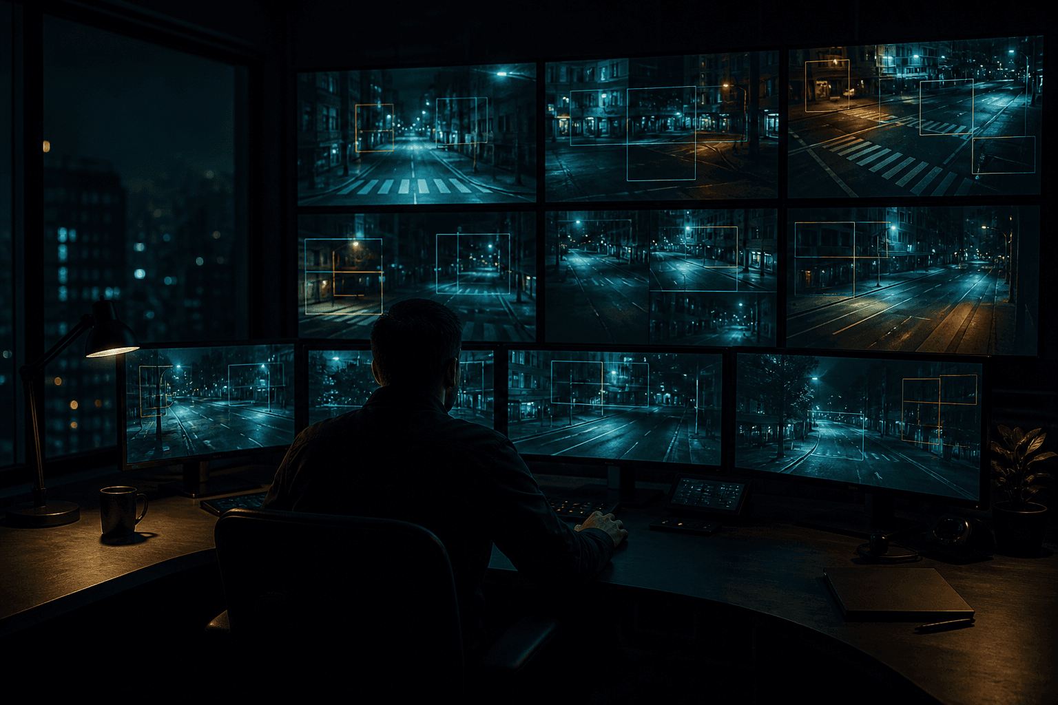 Security monitors in a dark operations room